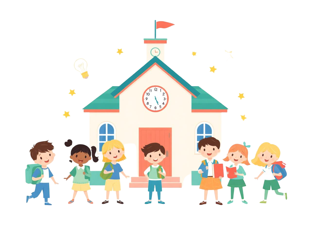 Crianças felizes em frente a uma escola